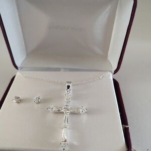 Sterling Silver / CZ Cross Pendant Necklace 18" and Earrings Set (E1)